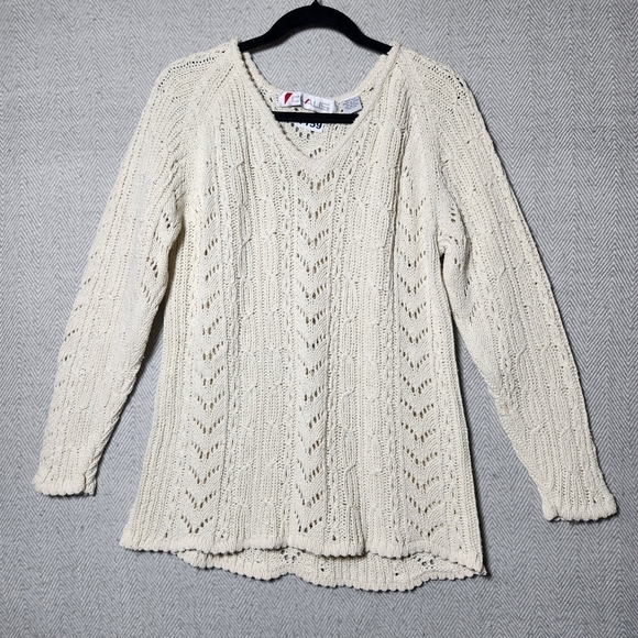 Claus Sweaters - Vintage Claus Womens M Silk Cable Knit V-Neck Cream Sweater